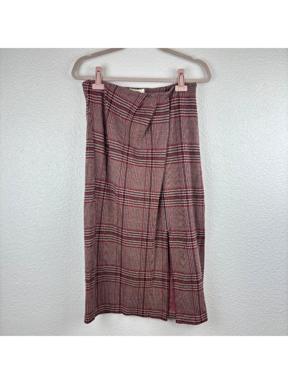 Maeve Anthropologie M Plaid Midi Skirt Slit Red Black Beige Houndstooth Academia